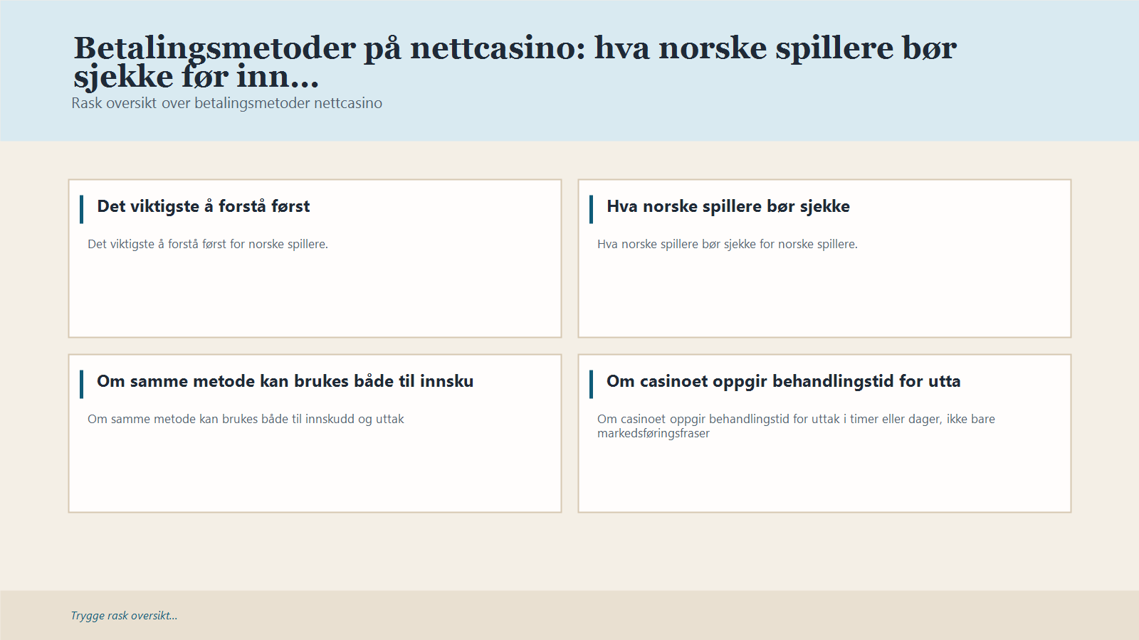 Infografikk for Betalingsmetoder på nettcasino: hva norske spillere bør sjekke før innskudd og uttak