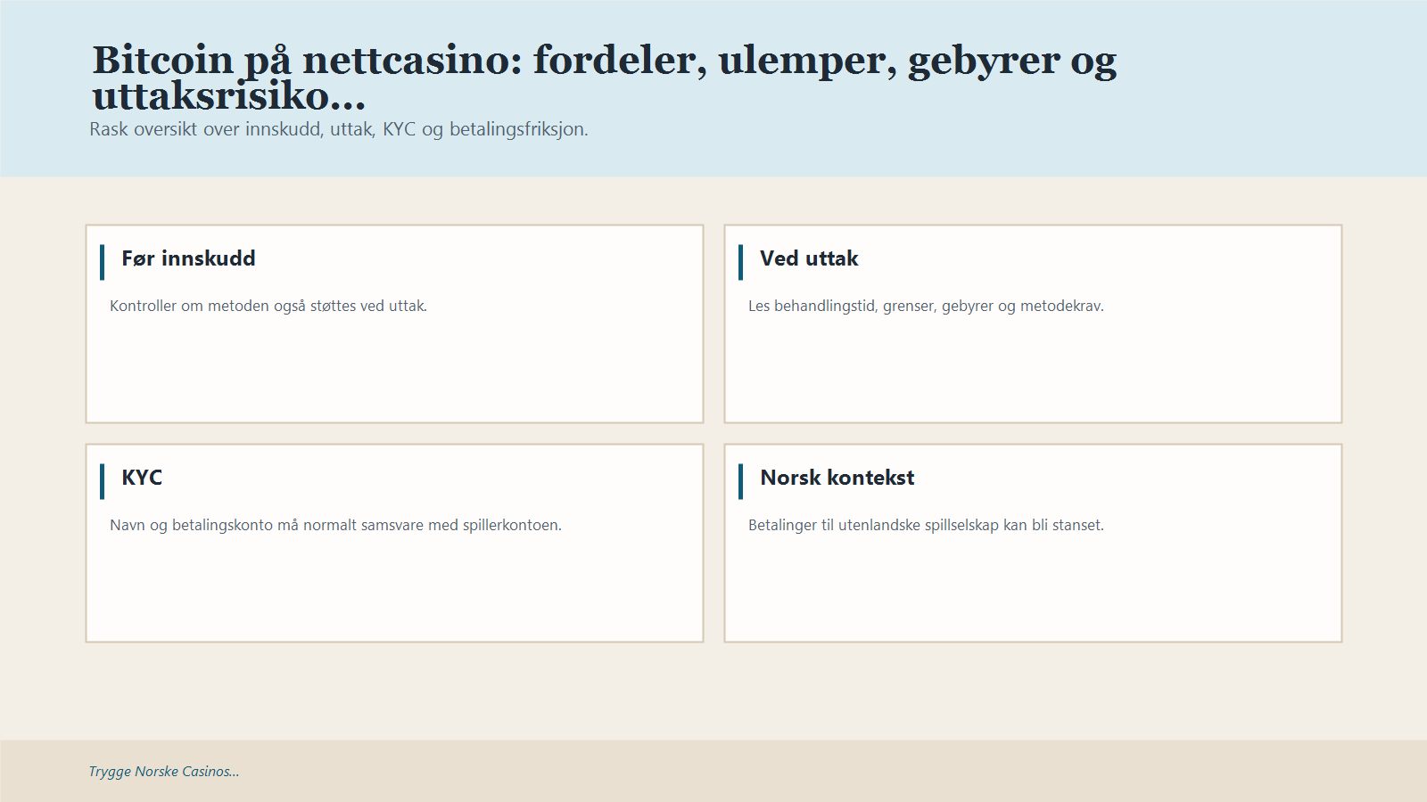 Infografikk som oppsummerer Bitcoin på nettcasino: fordeler, ulemper, gebyrer og uttaksrisiko